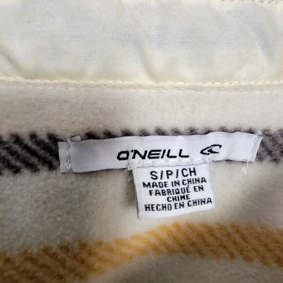 O’Neill Fleece Shacket Striped Cream Yellow Navy Snap Front Cozy Retro Casual - Picture 9 of 12